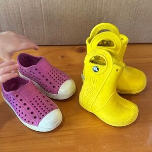 Toddler Crocs Yellow Boots 6T and Native Pink Shoes 7T bundle
